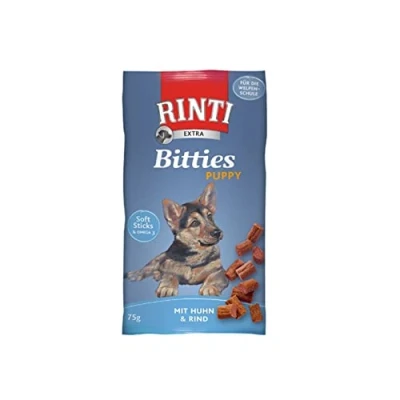 Imagen de Rinti Bitties Puppy Pollo &amp; Ternera Paquete de 4 x 75 g Suplemento alimenticio para Cachorros en Crecimiento con Omega 3 el Desarrollo Cerebral Sin azúcar Soja