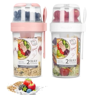 Imagen de SinLaw Portátil Taza de Cereales 310+560 ml, Diseño doble sello,2 en 1 Vasos yogurtera,Puede ser reutilizado,Vaso para Llevar (White+Pink（310ml+760ml)