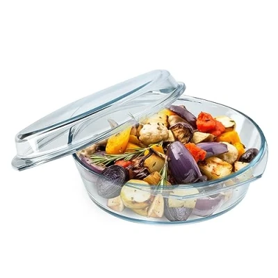 Imagen de KADAX Cacerola de cristal resistente al calor, recipiente ignífugo, olla con tapa y asas, vajilla para asar, horno, cocina eléctrica, lasaña, carne, transparente (redonda, 2,8 L)