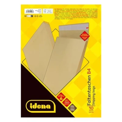 Imagen de Idena 11093 sobres postales DIN B4, 10 unidades adhesivas, plegables con pliegue inferior de 4 cm, sin ventana, papel reciclado FSC 140 g/m² en marrón