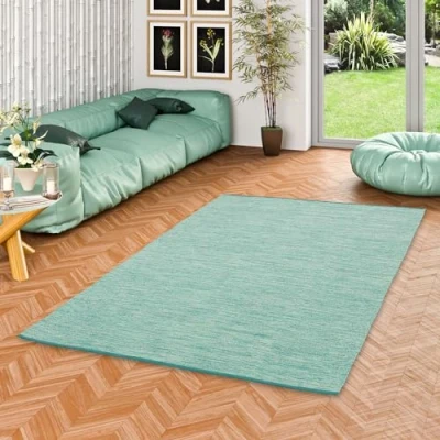 Imagen de Pergamon Kelim Easy Alfombra Natural de algodón Turquesa Moteada 7 Tamaños