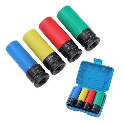 Imagen de KATSU 1/2&quot; Juego de Vasos Impacto con Protectores para Llantas Aluminio 4 Piezas 17, 19, 21, 22mm, Acero al Cromo Molibdeno, 85 mm Longitud, Atornillador