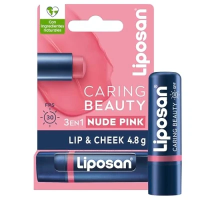Imagen de Liposan Caring Beauty Lip and Cheek Nude Pink, bálsamo de labios y colorete en barra tono rosa nude, protector labial stick 3 1 para un look sencillo, x 4,8 g