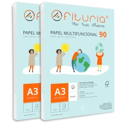 Imagen de Paquete de folios A3 90gr con 500 Hojas Blancas, Papel Multifuncional para Uso Escolar y Entornos Laborales. Ideal impresoras láser, inyección o fotocopiadoras Ofituria