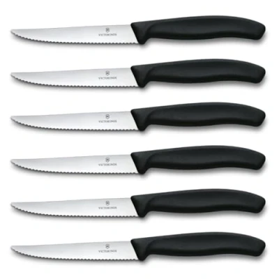 Imagen de Victorinox, Swiss Classic, Juego de cuchillos profesionales para carne, 6 piezas, hoja muy afilada, filo dentado, 11 cm, mango plástico, acero inoxidable, negro