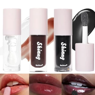 Imagen de LuckNest brillo de labios negro translúcido, transparente, cereza, negro, aceite azúcar, efecto espejo, hidratante, hidratante larga duración y no
