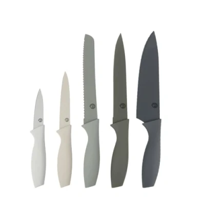Imagen de MasterChef Cuchillos Cocina, Set Cuchillo de Chef (Carne, Sierra por Pan, Verduras y Pescados), Colección Acero Inoxidable con Asas Suaves al Tacto, Multifuncional, 5 Piezas, Gris