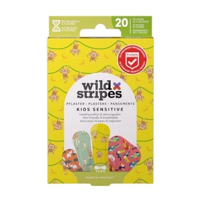 Imagen de Wild Stripes Tiritas Infantiles Jungle Vibe con estilo para niños aventureros Protección de heridas segura, resistentes al agua y delicadas piel sensible 20 uds