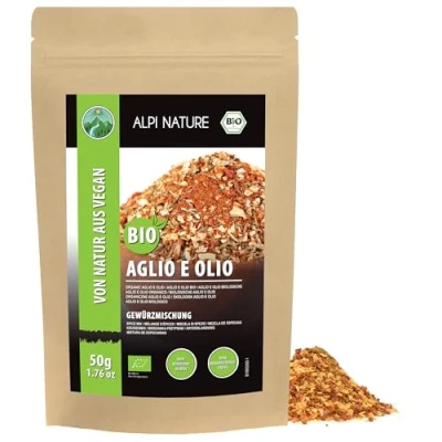 Imagen de especias orgánicas Aglio e Oglio (50 GR), mezcla de orgánicas, para pasta, 100% naturales, ingredientes orgánicos, condimento espaguetis sin aditivos artificiales