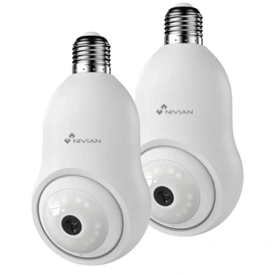 Imagen de NIVIAN Cámara de vigilancia WiFi Tipo Bombilla 2K Movimiento 360º con Audio, Reconocimiento y Seguimiento Humanos Visión Nocturna, Compatible Alexa, Google Home, Tuya App (Pack 2 Cámaras WiFi)