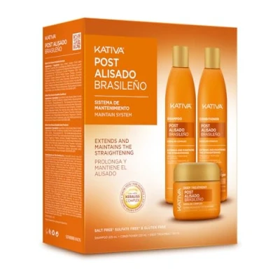 Imagen de KATIVA Tratamiento Post Alisado Brasileño Champú, Acondicionador y Mascarilla Prolonga el un 50% Kit 3 unidades 225 ml Con keratina vegetal ácido hialurónico