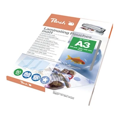 Imagen de Peach S PP580 15 Láminas para plastificar (A3, 80 micras, 100 bolsas, mate, se puede escribir, calidad premium mejores resultados de laminación, compatible con dispositivos todas las marcas
