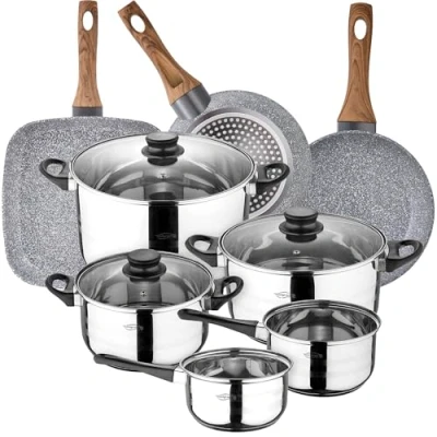 Imagen de Bateria de cocina 8 piezas SAN IGNACIO Toledo, acero inoxidable, con juego sartenes (18/22 cm) y grill 28x28 cm Daimiel en aluminio forjado