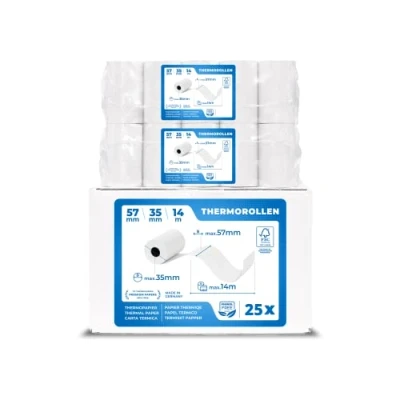 Imagen de Rollos papel térmico 57x35x12 mm para todos los TPV y las impresora térmica Rollo 57mm ideal máquinas de tarjetas Crédito (25 rollos)