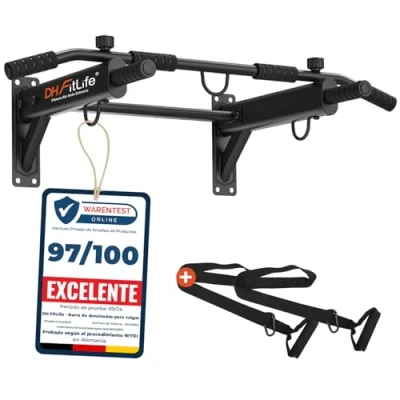Imagen de DH FitLife Barra de Dominadas Pared 4 en 1 con Tacos Expansión Pull Up Bar Multifuncional para Casa Hasta 200 kg 6 Asas Antideslizantes 3 Ojales Saco Boxeo y Cintas Suspensión