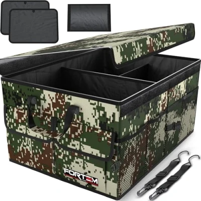 Imagen de FORTEM Organizador de Maletero Coche y SUV para Almacenamiento Caja Plegable con 2 Compartimentos Grande Base Antideslizante Cinchas Ajustables Tapa Extraíble (Bosque)