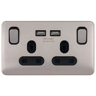 Imagen de Schneider Electric Lisse GGBL30202USBABSS Toma de corriente doble conmutada, un polo con puertos carga USB, 13 A, acero inoxidable inserto negro