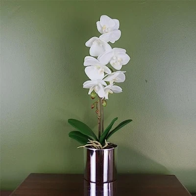 Imagen de Leaf Orquídea Artificial Blanca con Maceta Plateada de 46 cm