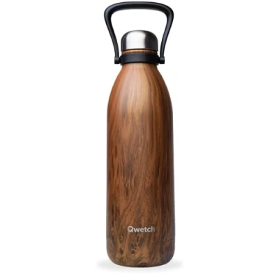 Imagen de Qwetch Botella isotérmica grande Madera 1,5 L, 48 horas frías y 16 calientes, estanca sin BPA de acero inoxidable con asa transporte Termo isotérmico para pícnic, camping,