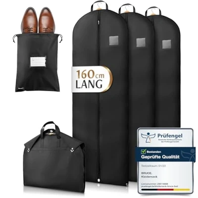 Imagen de Bruce.® 3x Fundas Ropa Armario 160x60cm con 1x Bolsa de Zapatos, Antipolillas Almacenaje 120 GSM, Porta trajes Caballero o Mujer para Viaje, Bolsas Guardar Colgada Cremallera