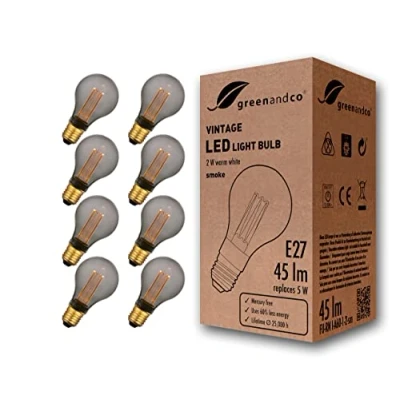 Imagen de greenandco 8x Bombilla LED decorativa estilo vintage E27 A60 2W 45lm 2000K 320 230V, gris, sin parpadeo, no regulable