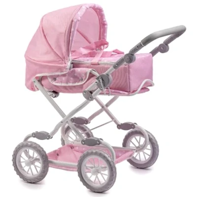 Imagen de JC Toys Carro Deluxe plegable de 4 ruedas, para muñecas hasta 45 cm, convertible a silla paseo, rosa con lunares blancos, cesta transporte extraíble, diseñado por Berenguer, +3 años