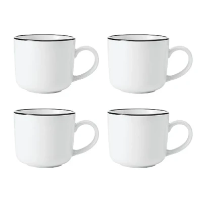 Imagen de Mikasa Limestone Juego de Tazas Porcelana, 4x Porcelana con Borde Negro para Té y Café, 360ml En Caja Regalo Aptas Lavavajillas