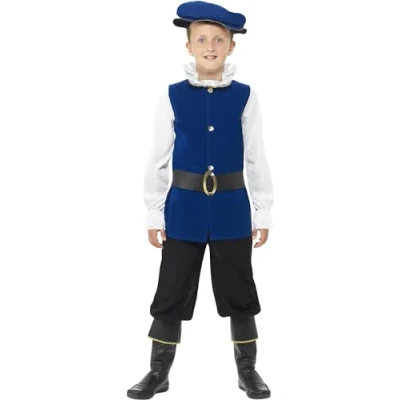 Imagen de Smiffys Disfraz de chico Tudor, azul eléctrico, top, pantalones con cubrebotas, cinturón y gorra