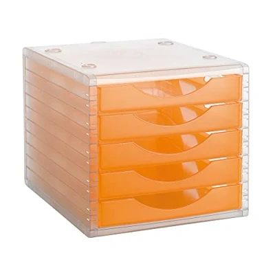Imagen de Liderpapel Fichero Cajones De Sobremesa 340X270X255 Mm Apilables 5 Naranja Mandarina Translucido