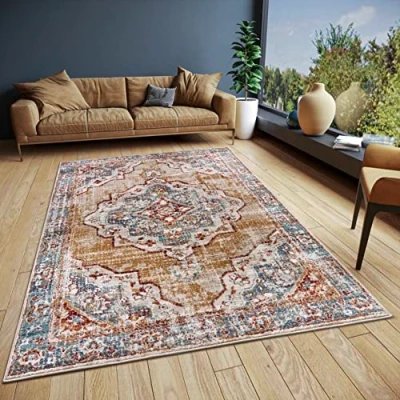 Imagen de Villeroy &amp; Boch Alfombra de Pelo Corto Emmanuel clásica para salón, Dormitorio, Comedor, Pasillo, Cocina Crema Azul, 120 x 170 cm