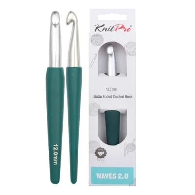 Imagen de KnitPro Waves agujas de crochet: aguja crochet 12 mm, mangos suaves y ergonómicos, agarre goma suave para manos artríticas, ligeras cómodas tejer
