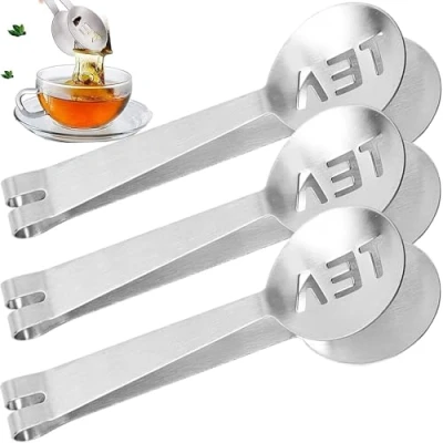 Imagen de MINGZE Pinzas para exprimir bolsas de té, 3 paquetes Acero Inoxidable Colador té Soporte agarre Cuchara metal Mini Cubos azúcar Clip hielo Herramientas