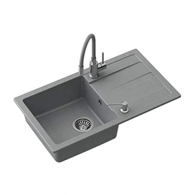 Imagen de VBChome Fregadero con grifo, 77 x 44 cm, granito, gris, empotrable, superficie de drenaje moteada, reversible, compuesto + sifón dispensador detergente