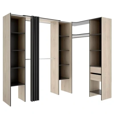 Imagen de DEKIT GRUPO RIMOBEL SUIT Conjunto de Vestidor rinconero con dos columnas, zona barras y cortina Natural / Grafito 205 x 184 234 141 cm