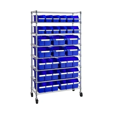 Imagen de Seville Classics Commercial Grade NSF Certified Bin Rack Shop Tool Storage Sistema de Almacenamiento Basura con 8 estantes, Metal Polipropileno (PP) Acero aleado, Azul, 91.4 x 36.2 161.3 cm