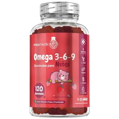 Imagen de Gominolas de Omega 3 6 9 para Niños 336mg 120 Unidades Sabor Fresa y Frambuesa 2 Meses Suministro a 12 Años Veganas, Sin Lactosa Gluten, Kids
