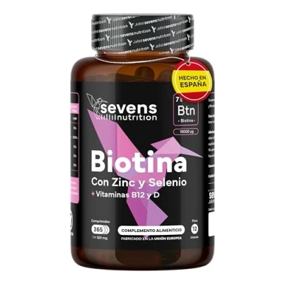 Imagen de Biotina Cabello Piel y Uñas Vitaminas para Fortalecer Evitar la Caida del con 10.000 mcg Enriquecido Zinc, Selenio Vitamina B12 365 Comprimidos Sevens