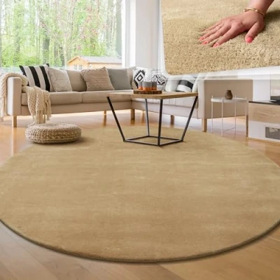 Imagen de Paco Home Alfombra Moderna y Suave para Salón a Pelo Corto Lavable Fluffy Uni Efecto Piel Intemporal Elegante Antideslizante Fácil de Limpiar, tamaño:Ø 120 cm Redon, Color:Beige