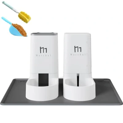 Imagen de Marchul Dispensador para Gatos y Perros, Comida Agua, Pack 2 Unidades, Automático, 3.8 L c/u, Comedero, Alimentador Bebedero Mascotas (Alfombrilla de Silicona)