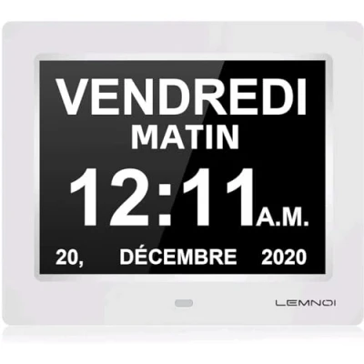 Imagen de LEMNOI 8&quot; Despertador Digital,Reloj Calendario con Fecha,no abreviado,Atenuación automática,8 Idiomas para Alzheimer Ancianos