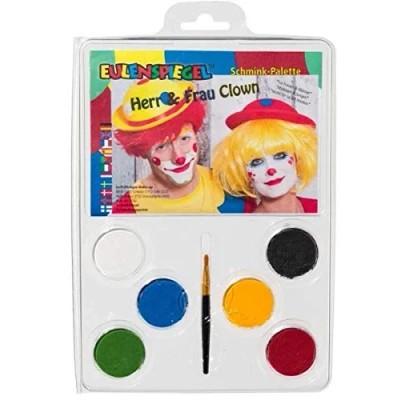 Imagen de Eulenspiegel 206331 Paleta de maquillaje Sr. y Sra. Payaso, 6 x 3,5 ml pintura, 1 pincel, instrucción, colores
