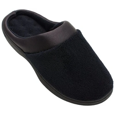 Imagen de isotoner Pantuflas acolchadas de rizo y satén para mujer con espuma viscoelástica interiores exteriores, cómodas sandalias planas, Negro , 36.5/37 EU