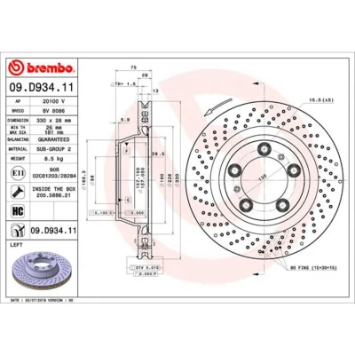 Imagen de BREMBO 09.D934.11 Disco de freno 330 28 5 perforado/ventil. int. revestido altamente carbonizado con tornillos PORSCHE: 911 Coupé, Targa