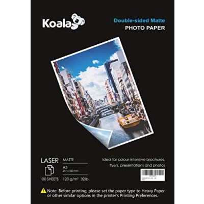 Imagen de KOALA Papel Fotográfico Láser Mate de Doble cara, A3, 120 g/m², 100 hojas, para impresoras LASER. Adecuado imprimir Fotos, Portadas, Certificados, Folletos, Volantes, Tarjetas, Calendarios