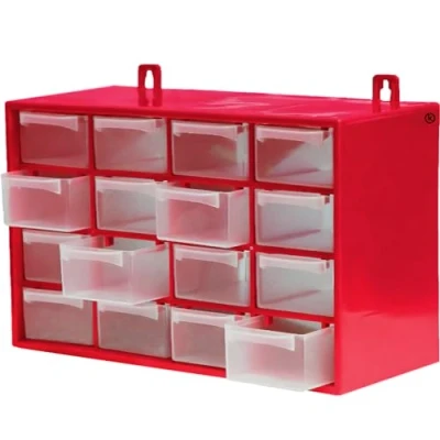 Imagen de KROWN Clasificador Modular de Pared Apilable, 27 x 17 12,5 cm, 16 Cajones, Almacenamiento Pequeñas Herramientas, Tornillos, Marco Polipropileno, Cajones Transparentes (Rojo)