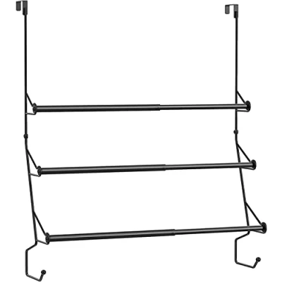 Imagen de Toallero de 3 barras sin taladrar ajustable para puerta baño con 2 ganchos metal Negro