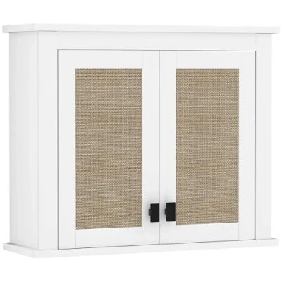 Imagen de HOMCOM Armario de Pared para Baño Multiusos Mueble Suspendido Colgante Almacenamiento con 2 Puertas Ratán PE Estante Ajustable 60x19,5x49,4 cm Blanco