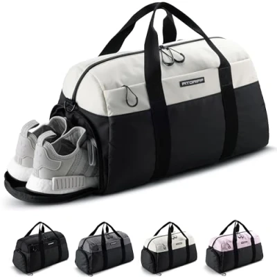 Imagen de Fitgriff® Bolsa Deporte V2 Mujer y Hombre, con Compartimento para Zapatos Humeda Bolso de Gimnasio Viaje, Entrenamiento Gym Bag (Negro/Blanco, 56 x 30 32 cm (Medium))