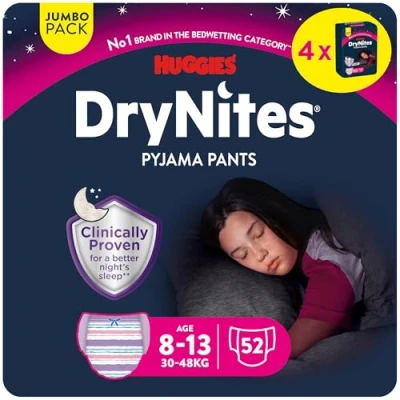 Imagen de Huggies DryNites Bragas absorbentes para niña 8 13 (30 48kg), Clínicamente probado con 5 capas de máxima protección nocturna, 52 pañales noche