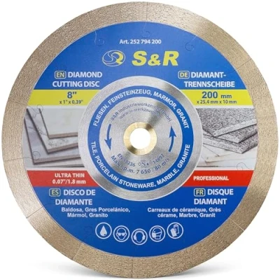 Imagen de S&amp;R Disco diamantado 200 x 25,4 7 mm (1,6 extra fino) para Azuleos Cerámica Baldosas Granito y mármol. profesional ultrafino amoladoras de tabla